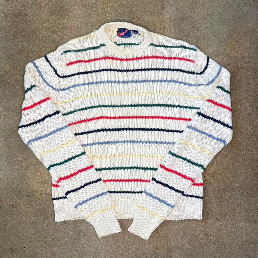 vintage striped knit sweater cream multicolor 90s grandpa aesthetic chunky